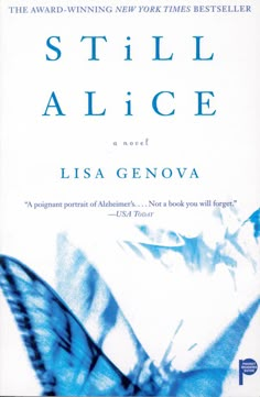 the cover of still alice, with blue butterflies flying over it's head and wings