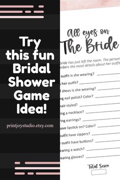 the bridal shower game is shown in black and white with pink trimmings