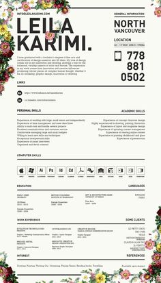 a white and black resume with flowers on it