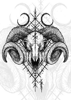 a goat skull with two horns on it's head and an inverted star in the background