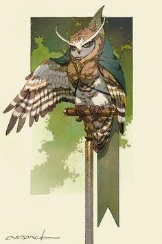 an owl sitting on top of a wooden pole