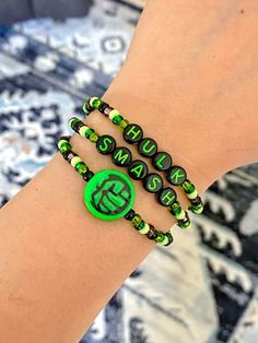 Green Themed Beaded Bracelets, Green Themed Beaded Bracelets As Gifts, Themed Green Beaded Bracelets For Gifts, Themed Green Beaded Bracelets As Gift, Hulk Smash, Letter Beads, Christmas 2023, Layered Jewelry, Tape Measure