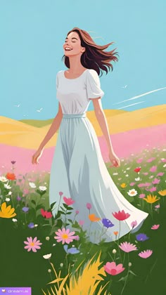 a painting of a woman walking through a field with flowers in the foreground and a blue sky behind her