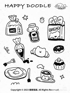 an image of happy doodles with food and drinks on it in black and white