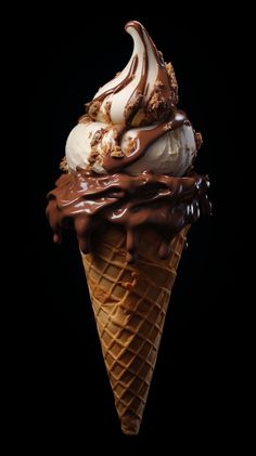 an ice cream cone with chocolate sauce on top