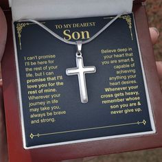 Perfect for special occasions or everyday wear, our artisan-crafted Cross Necklace is a wonderful gift idea for your son. Imagine the look on his face when he opens up this thoughtful gift! Sizing is appropriate for all ages. The artisan crafted detail makes this pendant stand out from other cross necklaces. Includes a luxury adjustable snake chain (18" - 22") and attaches with an easy to use lobster clasp. Cross Necklace Details • Stainless Steel • Adjustable snake chain (18" - 22") • Lobster c Father's Day Gift Round Pendant Necklace, Father's Day Stainless Steel Necklace Gift, Father's Day Gift Stainless Steel Necklace, Father's Day Necklace With Gift Box, Personalized Pendant Jewelry For Father's Day, Meaningful Stainless Steel Necklace As Gift, Spiritual Stainless Steel Jewelry For Gifts, Father's Day Keepsake Engraved Jewelry, Father's Day Engraved Keepsake Jewelry