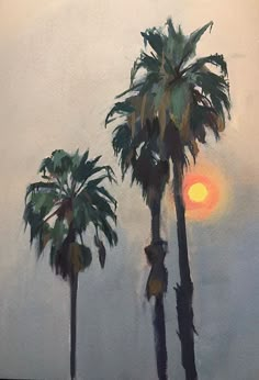 three palm trees in front of the sun on a cloudy day with no one around them