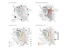 four maps showing the locations of various buildings and streets in different directions, with information about each building