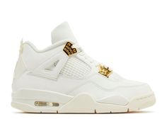 The Women's Jordan 4 "Metallic Gold 2024" edition elevates the iconic silhouette with a touch of opulence, blending classic design and contemporary flair. This exclusive release features a premium leather construction in a pristine white base, accented with striking metallic gold detailing on the eyelets, branding, and sole elements, providing a luxurious contrast. The design stays true to the Jordan 4's heritage with its signature mesh inserts and distinctive midsole design, while the gold acce Jordan 4 Retro Metallic, Retro Jordans, Jordan 4 White, Nike Air Jordan 4, Jordan Retro 4, Jordan Sneaker, Jordan Model, White Jordans, Jordan 4s