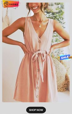 Button V Neck Knot Tank Mini Dress Bohemian Mini Dress, Soft Summer Colors, Plunge Mini Dress, Airy Dress, Bow Tie Dress, Beach Bohemian, Boho Beach Dress, Knot Dress, Mini Tank Dress