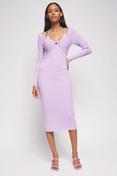 Bailey 44 Connie Sweater Dress in Lilac - front full view Ribbed Midi Mini Dress For Party, Stretch Midi Dress For Brunch, Ribbed Knee-length Dress For Night Out, Knee-length Ribbed Dress For Night Out, Feminine Stretch Midi Dress For Date Night, Ribbed Knee-length Party Dress, Knee-length Ribbed Party Dress, Elegant Ribbed Maxi Dress For Date Night, Ribbed Midi Party Dress