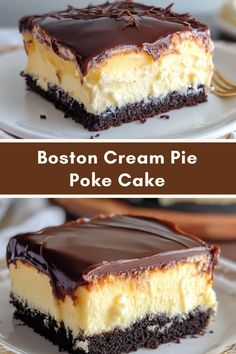 boston cream pie poke cake on a white plate