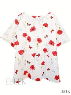 Ebeek - Full-Figured Womens Casual T-Shirt - Short Sleeve Round Neck Tee with Button-Decorated Floral and Butterfly Print V-neck T-shirt With Button Closure For Summer, Summer V-neck T-shirt With Button Closure, White T-shirt With Button Closure For Spring, Summer Shirt With Buttons And Crew Neck, Summer Crew Neck Shirt With Buttons, Summer Crew Neck Blouse With Buttons, Summer Crew Neck Shirt With Button Closure, Summer T-shirt With Button Closure, Summer V-neck T-shirt With Buttons