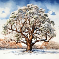 a painting of a large tree in the middle of winter with snow on the ground