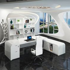 a modern office with black marble flooring and white furniture, along with large windows