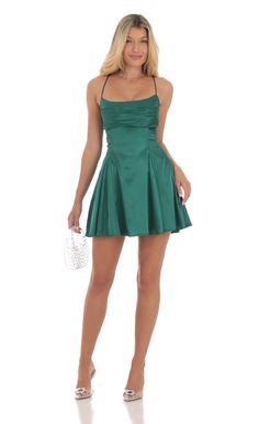 Satin A-Line Dress in Green | LUCY IN THE SKY Silk Hoco Dress Short, Grade 7 Farewell Dresses, Sage Green Dress Short, Green Dresses Short, Dark Green Hoco Dress, Green Mini Dresses, Winter Formal Ideas, Dark Green Mini Dress, Green Hoco Dress