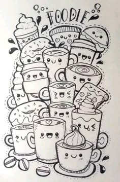 a drawing of coffee mugs and donuts