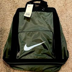 Nike Backpack/Bag With Zippered Bottom Section New With Tags Approximately 20” (H) X 17” (W) Bag Is Great For The An Athlete With Separate Storage Section For Shoes; Main Section/Large Capacity To Fit Books, Clothes, Etc. Drawstring Top To Close Bag Nylon Tote Backpack For School, Nylon School Tote Backpack, Sports Bags With Zipper Closure And Softback, Green Sports Bag With Zipper Pocket, Green Sports Bag With Zipper Closure, Gym Backpack With Zipper Closure, Sporty Green Backpack With Zipper Closure, Sports Bags With Zipper Closure, Sporty Bags With Zipper Closure For Back To School