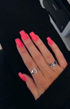 Coral Hot Pink Nails, Square Nails Bright Colors, Neon Square Acrylic Nails, Bright Pink Summer Acrylic Nails, Neon Pink Square Nails, Bright Nails Square, Spring Nail Ideas Square, Solid Color Acrylic Nails Spring, Square Hot Pink Nails