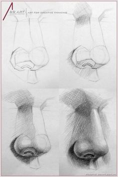 four different angles of the nose and mouth, with one being drawn to look like it is