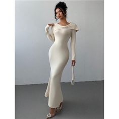 -Item Id 48353046 -Details: Asymmetrical, Twist, Zipper -Neckline: V Neck -Sleeve Type: Regular Sleeve -Style: Elegant -Type: Bodycon -Waist Line: Natural -Hem Shaped: Mermaid -Color: Apricot -Pattern Type: Plain -Sleeve Length: Long Sleeve -Length: Long -Fit Type: Slim Fit -Fabric: Medium Stretch -Material: Knitted Fabric -Composition: 90% Polyester, 10% Elastane -Care Instructions: Machine Wash Or Professional Dry Clean -Sheer: No **Open To Offers!!!** **Bundle To Save More** **30% Off Bundles Elegant Knit Dress, Bell Shaped Dress, Modest Party Dresses, Modest Classy Dresses, Simple Casual Dress, White Dress Classy, Elegant White Dress, Classy Chic, Dresses Women