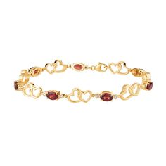 Featuring pairs of interlinking hearts accompanied by oval-cut garnets, this 10k gold bracelet beautifully complements your attire.BRACELET DETAILSLength: 7.5 in.Clasp: lobster clawMetal: 10k goldPlating: rhodiumFinish: polishedPackaging: boxedSTONE DETAILSStone type: garnetTotal weight: 4 1/5 ct.Center stone size: 6 mm x 4 mmShape: ovalSetting: prongDIAMOND DETAILSTotal weight: 1/6 ct.Color grade: I-JClarity: I2-I3Shape: roundSetting: prongGemstones may have been treated to enhance their appear Elegant Hallmarked Heart Bracelet For Anniversary, Elegant Birthstone Bracelets For Valentine's Day, Elegant Birthstone Bracelet For Valentine's Day, Elegant Valentine's Day Birthstone Bracelets, Heart-shaped Gemstone Bracelets For Anniversary, Oval Link Gemstone Bracelets For Anniversary, Elegant Gemstone Heart Bracelet For Anniversary, 10k Gold Bracelet, Double Heart