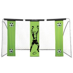 a soccer goal with an image of a person holding a ball on it's back