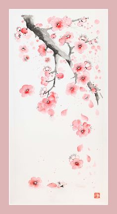 a painting of pink flowers on a white background