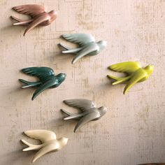 several birds are hanging on the wall next to each other in different colors and sizes