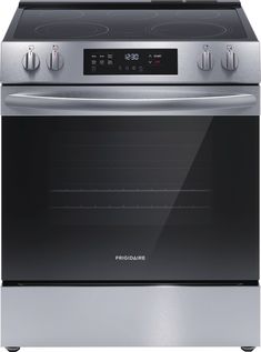 an oven with the door open and electronic controls on it's side, in stainless steel