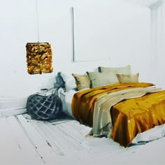 a painting of a bed in a white room with a yellow comforter on it