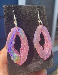 Iridescent Pierced Drop Earrings, Resin Jewelry With Matching Earrings For Party, Pink Hypoallergenic Drop Jewelry, Iridescent Party Earrings, Iridescent Drop Earrings Jewelry Set, Iridescent Pierced Earrings As Gift, Iridescent Jewelry With Matching Drop Earrings, Iridescent Drop Earrings With Matching Jewelry, Iridescent Drop Earrings With Matching Jewelry Set