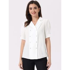 Designed with a unique double-breasted detail and a camp neck, this top combines style and comfort effortlessly. Made with smooth chiffon fabric, this top ensures all-day comfort without compromising on style. It can be simply paired with work pants or pencil skirt for a casual look. Whether you're going for a relaxed brunch or a night out, this top ensures a fashionable and comfortable look. Chambray Top, Women's Blouses, Satin Shirt, Collar Top, Elegant Shirt, Hem Style, Blouse White, Collar Blouse, Linen Women