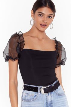 Don't even try, babe. This top comes ribbed and features a square neckline at front and back, organza puff sleeves, and fitted silhouette. Bach Party Outfits, Dress Top Styles, Wedding Dress Top Styles, Wedding Dress Top, Clothing To Make, Diy Outfits, Brand Aesthetic, Top Wedding Dresses, Bach Party