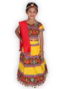 Specifications: Yellow Garba/Dandiya dress for girls. Type - Lehenga with choli, Dupatta Fabric - Cotton Sleeves - Short Neck - Round Waistband - String Occasion - Ethnic Wear Fit - Regular Fit Wash Care Instructions Gentle Wash Wash Dark Colors Separately Cotton Choli With Dori Work For Navratri, Multicolor Choli For Puja And Navratri, Multicolor Choli For Puja During Navratri, Yellow Cotton Sharara For Navratri, Traditional Yellow Sharara For Navratri, Yellow Cotton Sharara With Pallu, Yellow Cotton Bandhani Print Set, Yellow Bandhani Print Cotton Set, Yellow Anarkali Set With Pallu For Navratri