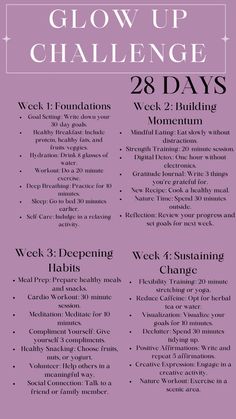 Ready to level up and shine bright? Join our 28-Day Glow Up Challenge and embark on a transformative journey towards your best self! With daily prompts, self-care rituals, and empowering exercises, you'll nourish your mind, body, and soul. Embrace the journey as you blossom into the radiant, confident individual you were always meant to be. Let's glow up together! ✨💖 July Glow Up Challenge, Extreme Glow Up Challenge, Level Up Journey, Mental Glow Up, Spiritual Glow Up, 30 Day Spiritual Growth Challenge, 31 Day Journaling Challenge For Self Discovery, Mental And Physical Glow Up, Glow Up Spiritually