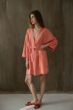 Linen plus size kimono loungewear robe features wide sleeves, removable belt and hidden pockets. 100% skin and Planet friendly linen kimono style delivers minimalism and cosiness. Handmade linen flattering bathrobe is ready for your summer adventures. Ideal for family weekends at home or active outdoor time. This boho style bathrobe brings so many different moods - sustainable and classy for timeless wearing.  Composition: 100% linen Model is 5'9ft / 180 cm, wearing size L Sizes:  S length 94 cm Elegant Summer Robe For Relaxation, Wrap Robe For Relaxation In Spring, Spring Wrap Robe For Relaxation, Spring Wrap Robe For Sleep, Spring Wrap Sleep Robe, Elegant Summer Relaxation Kimono, Spring Wrap Loungewear Robe, Spring Sleep Robe With Kimono Sleeves, Summer Linen Robe For Relaxation