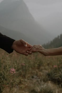 two people holding hands in the middle of a field with mountains in the back ground