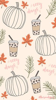 an autumn pattern with coffee, leaves and acorns on pink background that says lazy days