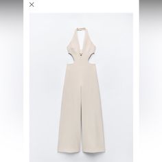 Zara Long Halter Jumpsuit With Cutout On Sides Backless Jumpsuits And Rompers For Summer Workwear, Backless Summer Jumpsuits And Rompers For Work, Elegant Cutout Bodysuit For Party, Elegant Beige Sleeveless Bodysuit, Chic Beige Party Bodysuit, Chic Beige Bodysuit For Party, Elegant Fitted Jumpsuit With Cutout, Elegant Fitted Jumpsuits And Rompers With Cutout, Chic Beige Pantsuit For Summer