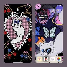 two cell phones side by side, one with an image of a cat on it