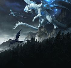 a white dragon flying over a mountain next to a forest