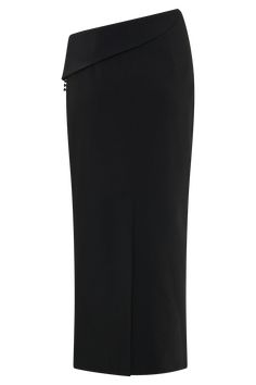 Contemporary flair. Make a statement with the ASTRID Suiting Midi Skirt, a perfect blend of sophistication and contemporary design. Featuring an asymmetrical waistline and a chic fold over flap detail, this skirt offers a unique twist on classic tailoring. The button detail at the side seam adds a touch of elegance, while the side split provides both style and ease of movement. Crafted in a flattering midi length, the straight silhouette of this skirt compliments a variety of looks, making it a