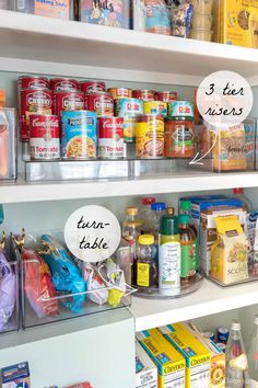 If you have a small pantry, make the most of your pantry With tiered & rotating organizers! Tiered organizers like these 3 tier risers and lazy Susan turntable are favorites! They allow you to see all of your canned items and bottles clearly. Click the link for more organization ideas for your kitchen!