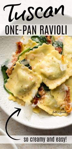 a white plate topped with ravioli covered in cheese