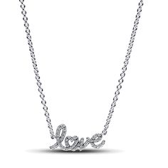 From Pandora, spell out what's in your heart with the Sparkling Handwritten Love Collier Necklace. This sterling silver necklace features a fixed pendant shaped like the word "love" in a handwritten style, adorned with sparkling cubic zirconia pave. The letter "o" is shaped like a heart for a playful touch. The chain is adjustable to three lengths and has a tiny openwork heart dangle near the clasp. Gift it as a wearable love note to a special person - yourself or someone else. Pandora Hello Kitty Random, Pandora Bracelet Charms Ideas, Xoxo Jewelry, To A Special Person, Pandora Necklace, Luck Quotes, The Word Love, Love Note, Pandora Rings