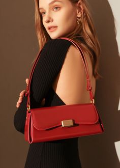 Indulge in sophistication and style with our Red Leather Baguette Shoulder Bag. The flap lock closure and adjustable strap combine practicality with elegance. The structured silhouette and flat base provide stability, while the interior slip pockets enhance organization. Handcrafted with genuine cowhide leather, this women's shoulder bag is the epitome of luxury. Size info 11" (28cm) width 4"(10cm) height 6 3/4"(17cm) depth Details Flap lock closure Adjustable shoulder strap Structured silhouett Everyday Luxury Flap Baguette Bag, Luxury Baguette Bag For Everyday Use, Classic Evening Shoulder Bag With Flap, Luxury Baguette Shoulder Bag For Office, Elegant Baguette Shoulder Bag With Adjustable Strap, Chic Baguette Flap Bag With Detachable Strap, Luxury Baguette Bag With Adjustable Strap For Formal Occasions, Timeless Formal Baguette Bag With Gold-tone Hardware, Luxury Formal Baguette Bag With Adjustable Strap