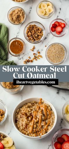 slow cooker steel cut oatmeal with strawberries and bananas in bowls