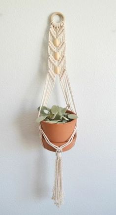 a macrame plant hanger with succulents and beads hanging on the wall