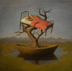 a painting of a woman laying on top of a tree in the middle of a body of water